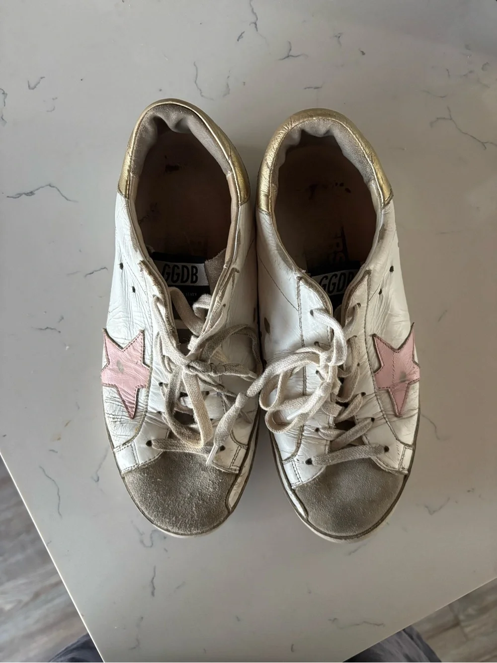 Golden Goose White Leather Sneakers with Pink Star and Gold Heel